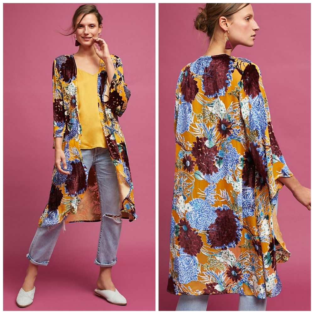 Anthropologie Mustard Floral Velvet-Accent Duster